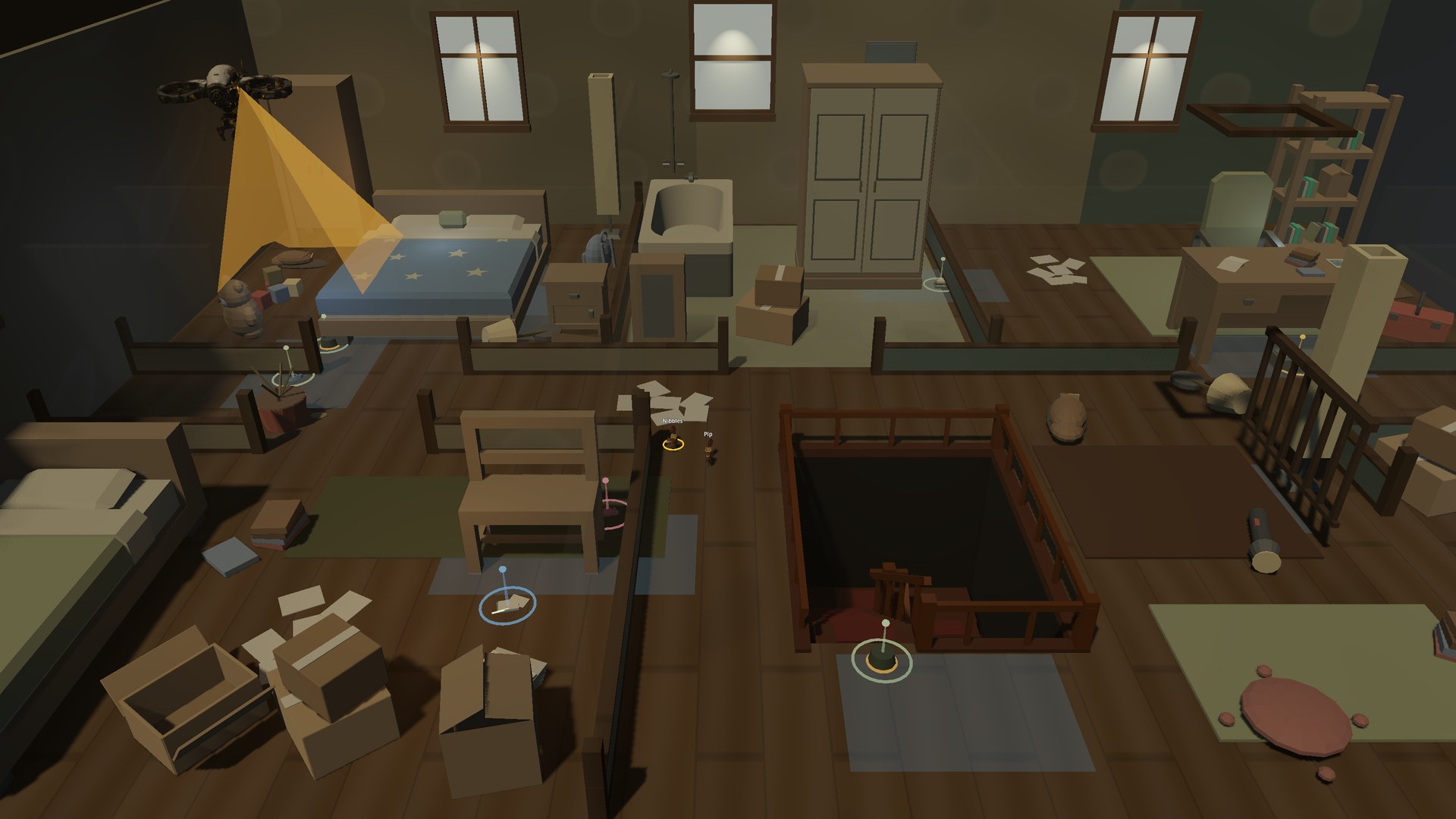 Development footage: the cutaway upper floor of the abandoned house, a bedroom and office lit by pale windows, with a patrol drone sweeping a yellow scan cone across the bed beside the open stairwell.