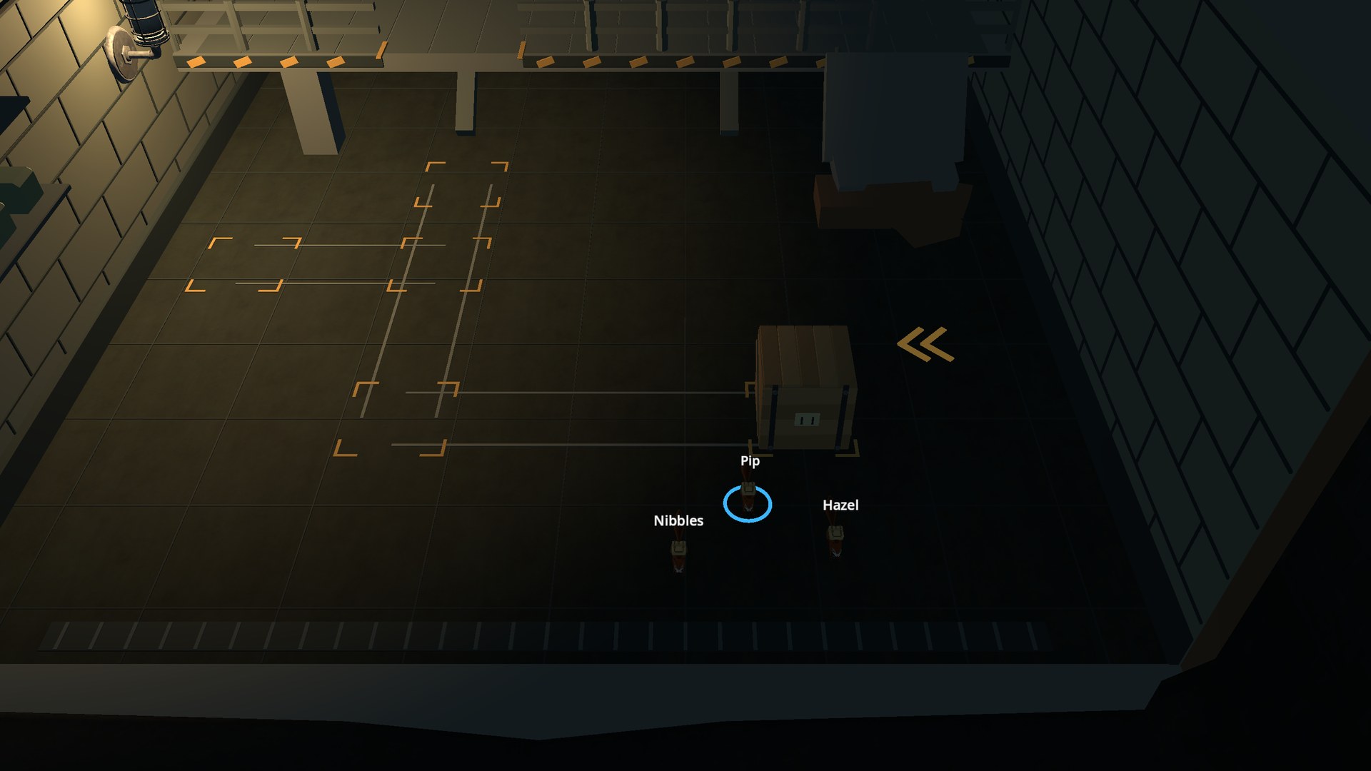 Development footage: a dark sewer breaker room lit by a single wall sconce, orange floor markings showing where a crate must be pushed to reach the balcony walkway above, three named squirrels waiting below.
