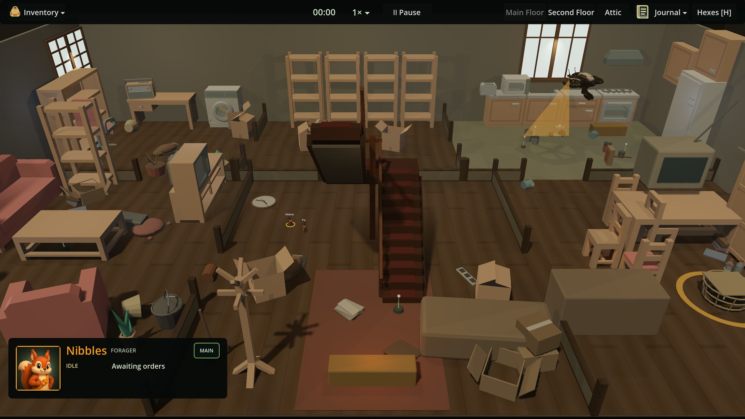 Development footage: a cutaway view of an abandoned house's cluttered main floor — sofa, shelves, kitchen counters, toppled boxes — with a patrol drone sweeping a yellow scan cone across the kitchen while two named squirrels stand at the foot of the stairs. The HUD shows floor tabs for Main Floor, Second Floor and Attic.